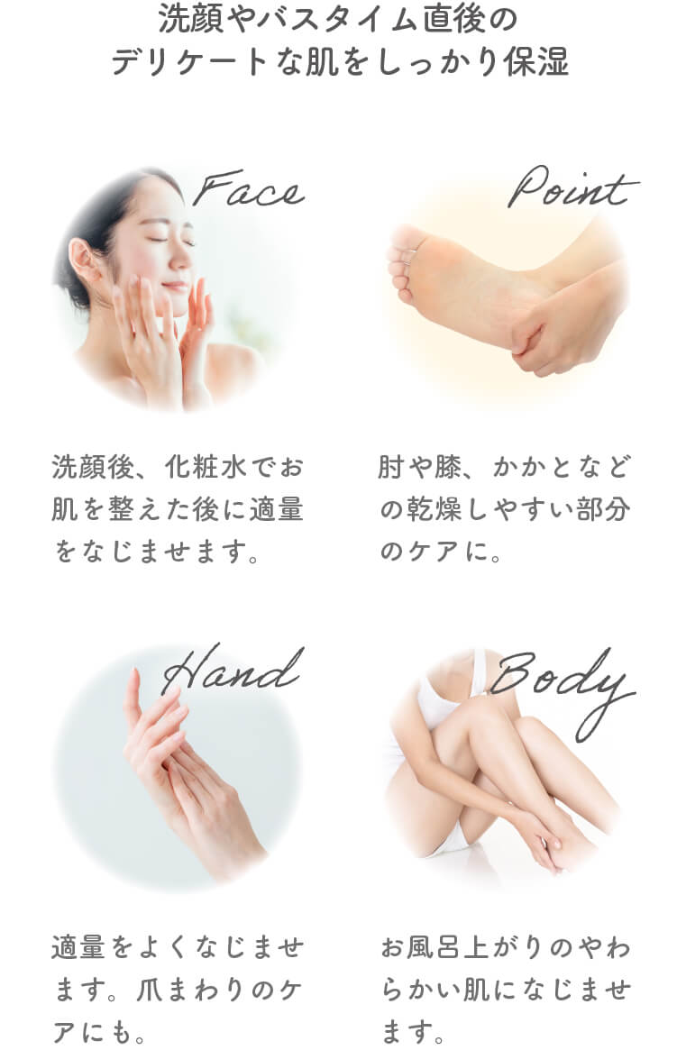 emureクリームの使い方 Face Point Hand Body